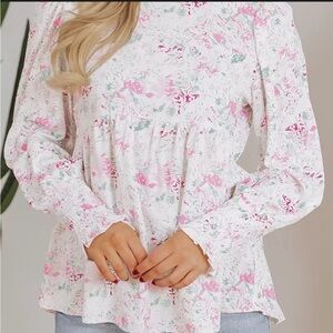 entro White Floral Peplum Blouse with Pink and Green Accents